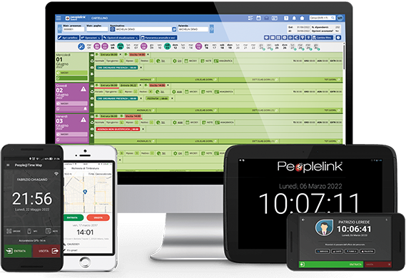 PEOPLELINK, il software per gestire l’acquisizione delle timbrature con badge, PC, smartphone e geolocalizzazione, i turni, lo smartworking, l’hybrid work, gli straordinari, le trasferte, i giustificativi e i piani ferie.