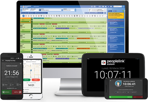 PEOPLELINK, il software per gestire l’acquisizione delle timbrature con badge, PC, smartphone e geolocalizzazione, i turni, lo smartworking, l’hybrid work, gli straordinari, le trasferte, i giustificativi e i piani ferie.